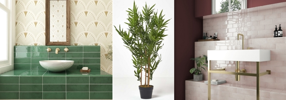 Village Emerald Green Wall Tiles by Tile Mountain | Artificial 5ft Bamboo plant from Homescapesonline | Village Rose Gold Wall Tiles by Tile Mountain 