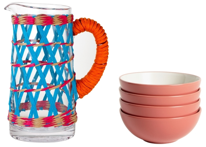 Boho Spice Glass Pitcher from Talking Tables | Cereal Bowls in Coral from John Lewis & Partners