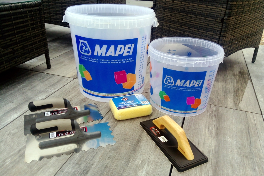 Grouting accessories for outdoor tiles. Buckets, Notched trowel, grouting float, sponge. which adhesive and grout to use with outdoor tiles.