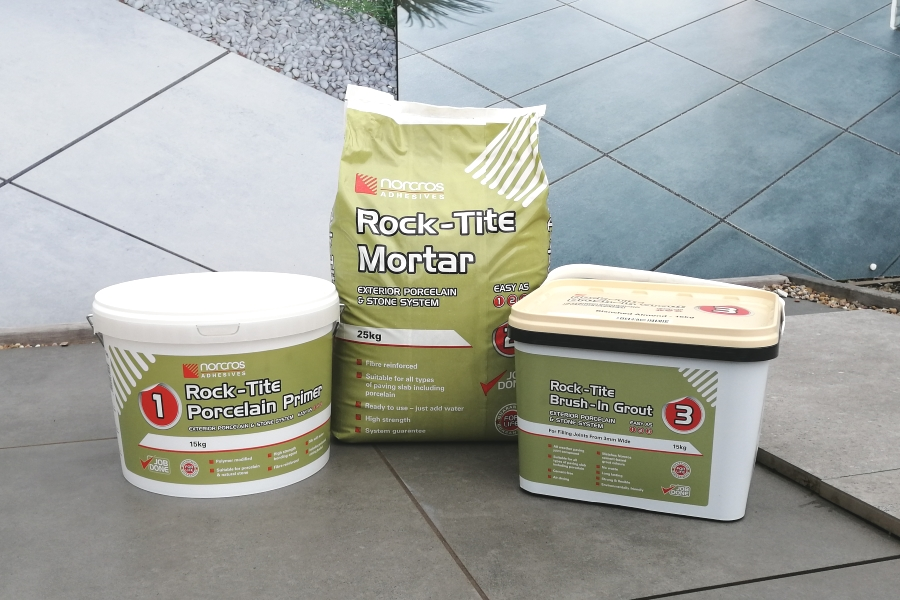 Norcros adhesive and grout set for outdoor tiles. 