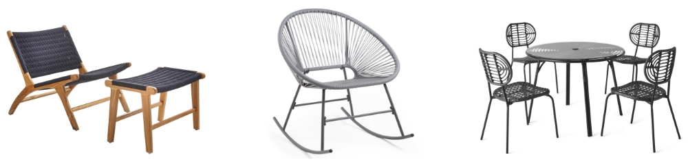 Maram Armchair & Footstool from Sweetpea & Willow | Lightweight Grey Rattan Rocking Chair from Von Haus | Swara Graden Chair & Table Set from Made.com