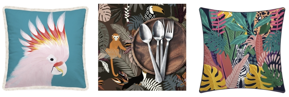 Gypsy Waves Parrot Cushion; Jungle Monkey Placemat; Zebra Jungle Outdoor Cushion | Podevache Collections at Amara