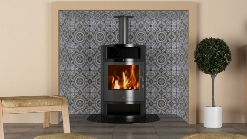 Tiles to use around a wood burner include blue patterned wall tiles with wood effect floor tiles.
