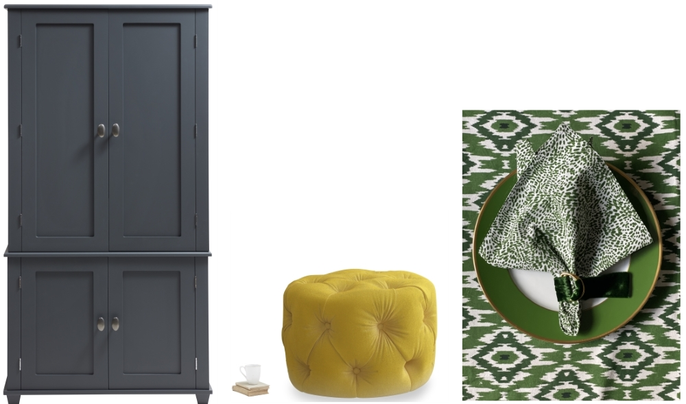 Bruton Home Office Armoire from The Dormy House | Gumdrop Pouffe in Bumblebee Clever Velvet from Loaf | Wild Child Napkins from Setting Pretty