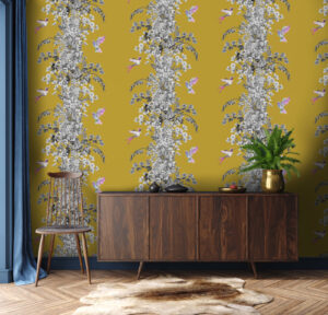 Hummingbird Black White Mustard Wallpaper | Lola Design