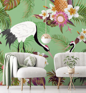 Tropical Green Cranes Mural | Wallsauce