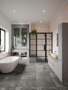 Finsbury 1700mm Freestanding Bath by Bathroom Mountain | Ardosia Anti-Slip Porcelain Floor Tiles & Bella Craquele Pink Wall Tiles both by Tile Mountain