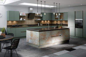 Jupiter Slab and Fjord Green Handleless Kitchen | Trend Interiors
