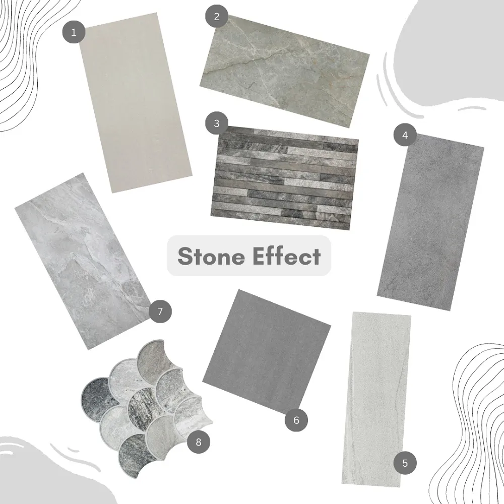 a series of grey stone effect tile options in different formats.