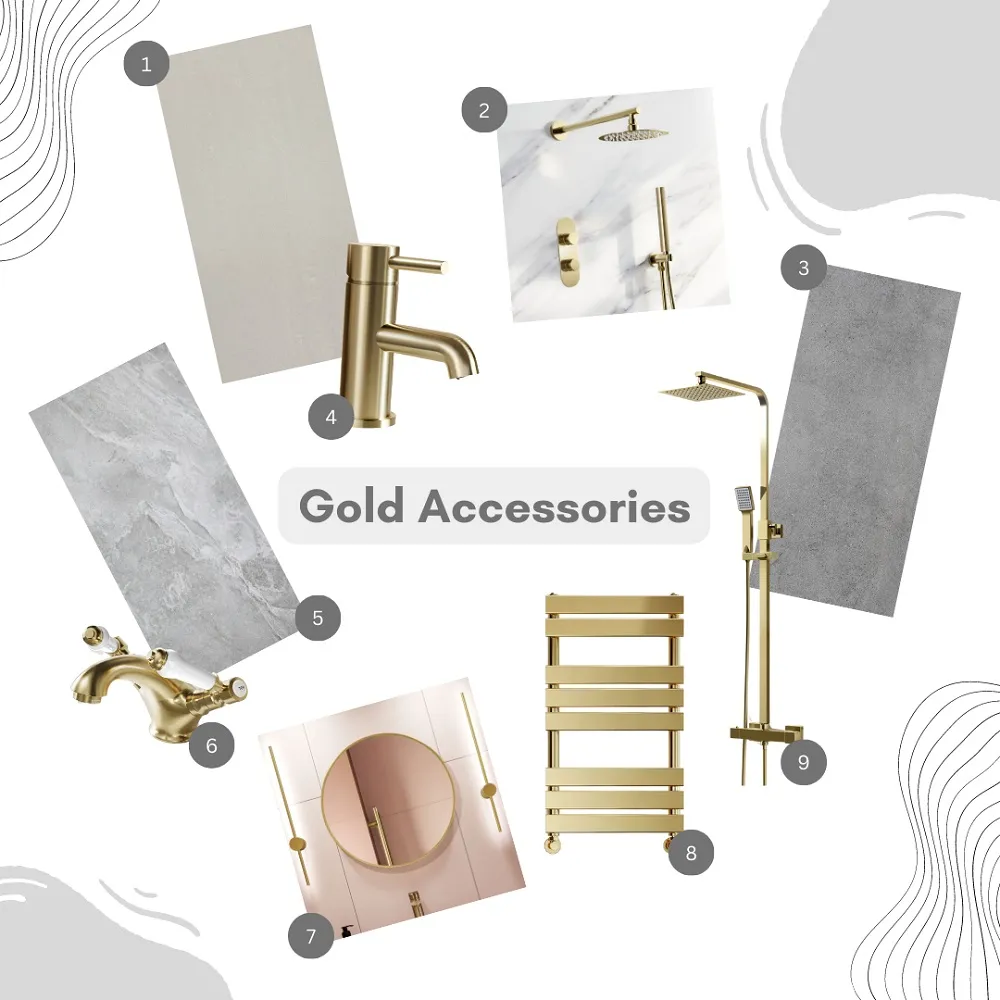 an image of gold accessories from a bathroom collection paired with grey tiles .