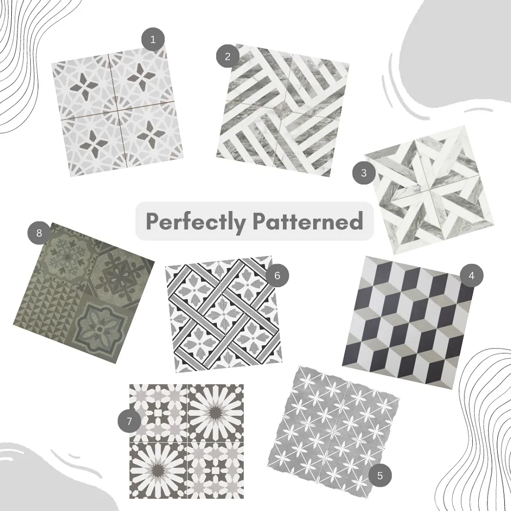 Selection of grey and white patterned tiles from Tile Mountain