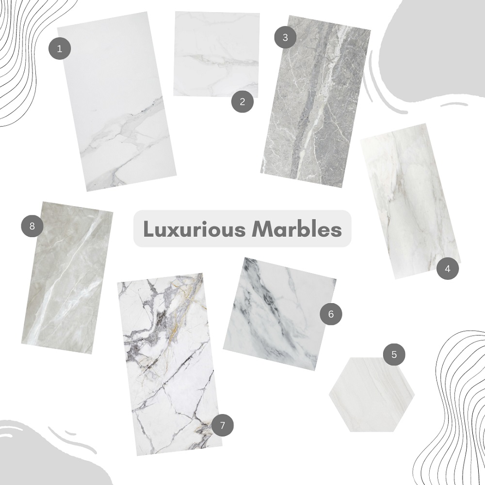 Selection of grey and white marble tiles from Tile Mountain.