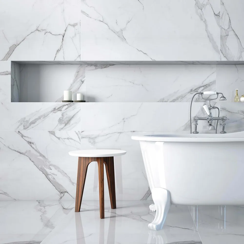 White marble with grey veining across traditional bathroom scheme.