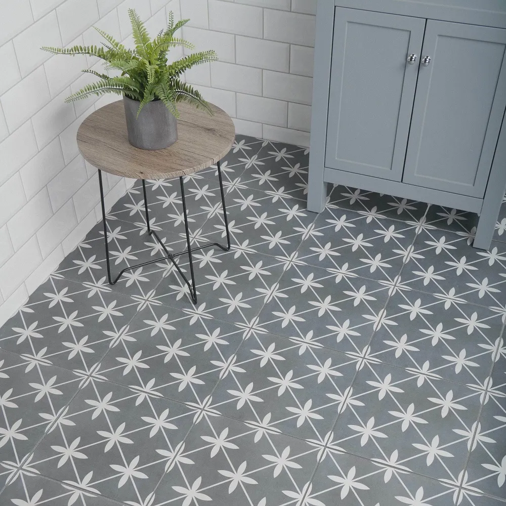 Grey patterned floor tiles across grey and white bathroom scheme.