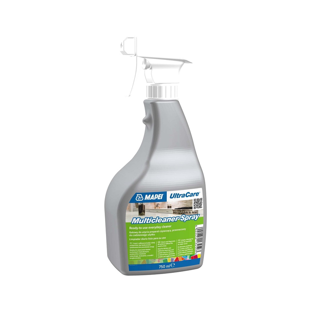 A 750ml spray bottle of Mapei UltraCare Multicleaner. It's a ready to use spray cleaner presented in a grey bottle with a white trigger. The label features blue and green accents and displays the Mapei logo, along with a QR code and product details. 