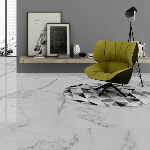 Carrara White Gloss Marble Effect, White Gloss Floor Tiles With Grey Marble Effect