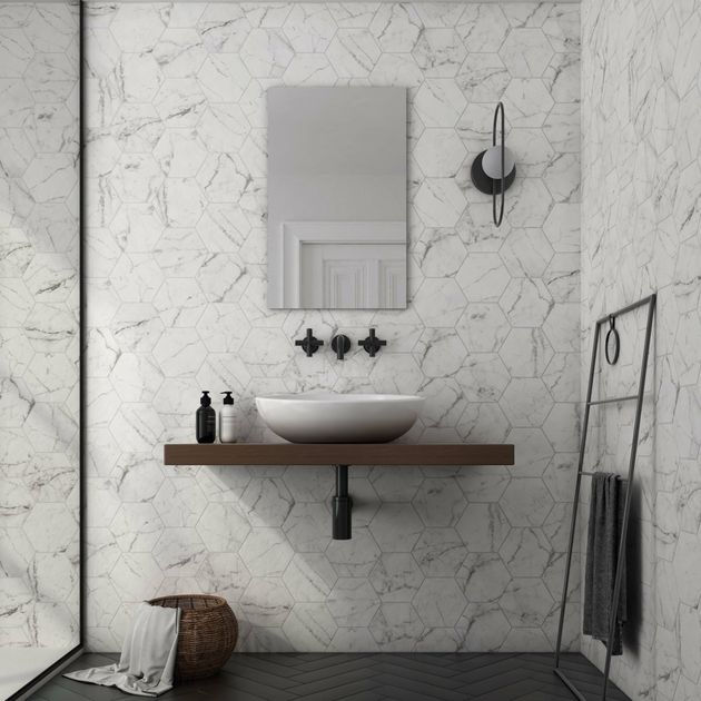 Hexagon Carrara Marble Effect Wall Floor Tiles From Tile Mountain - White Marble Effect Wall Tiles Bathroom