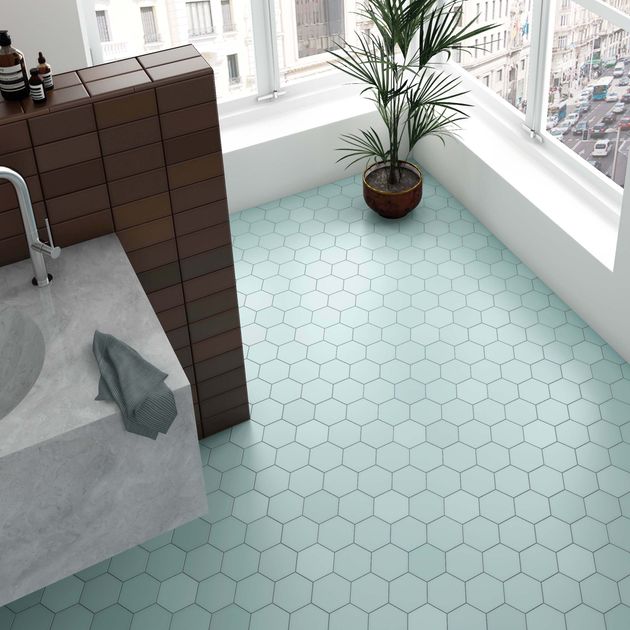 Kromatika Hexagon Bleu Clair Porcelain, Blue Floor Tile Bathroom