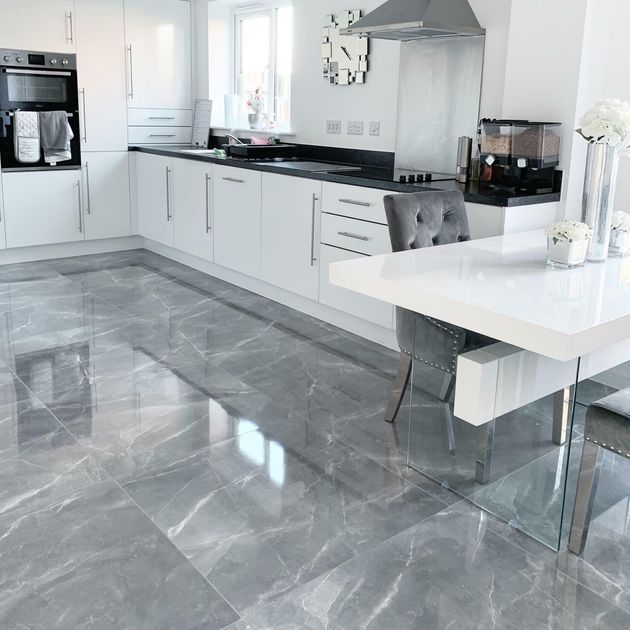 Marmy Grey Polished Marble Effect, White Marble Effect Kitchen Floor Tiles