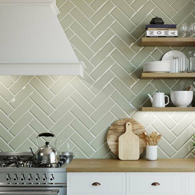 Green Metro Sage Wall Tile 300x100, Herringbone Wall Tiles Kitchen