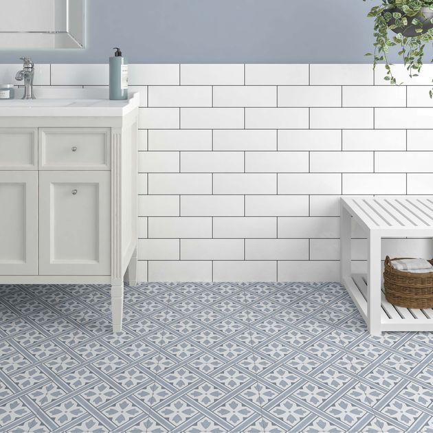 Mr Jones Azure Blue Pattern Wall And, Grey And White Patterned Bathroom Floor Tiles