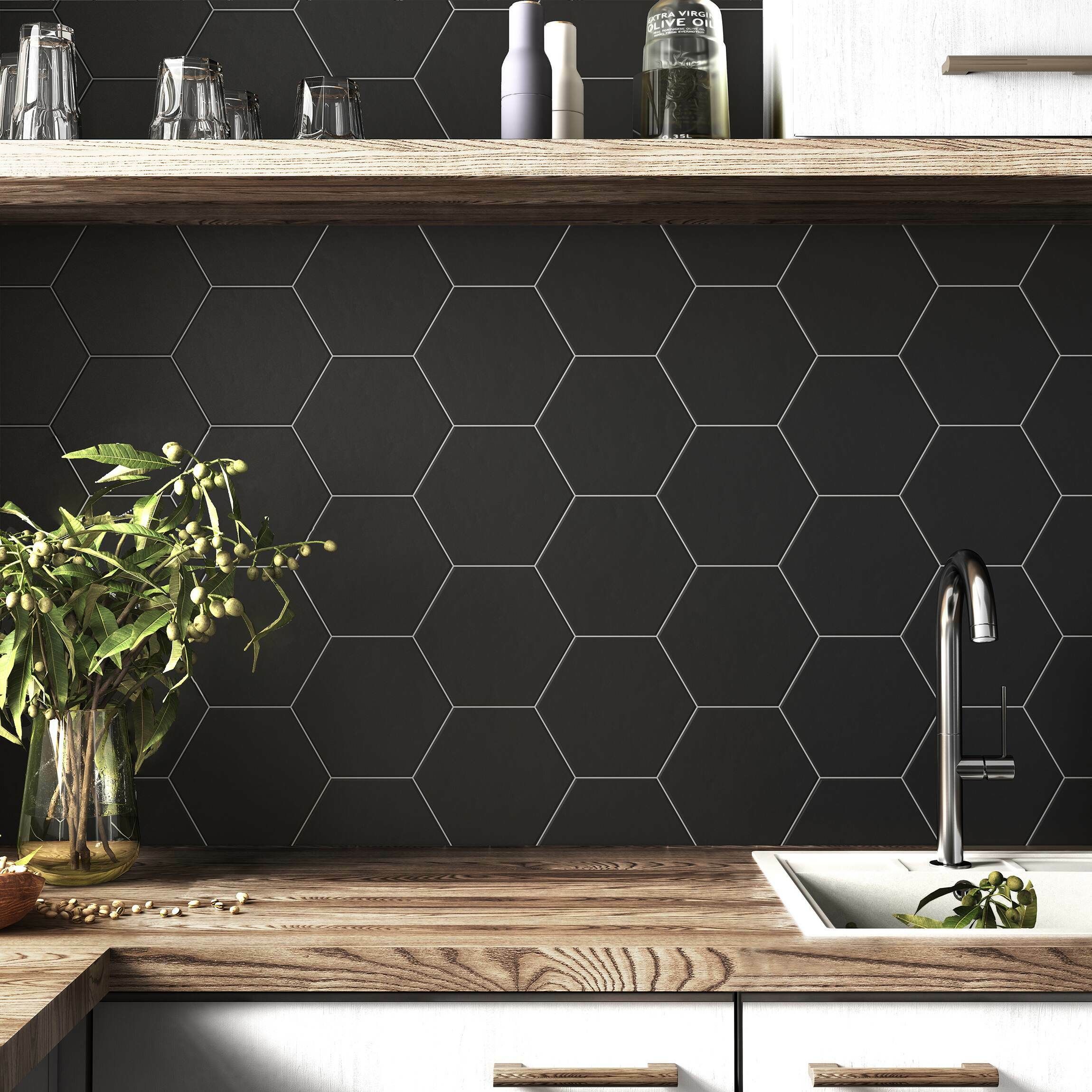 Hexagon Black 17 5x20cm From Tile Mountain - Black Wall Tiles Design