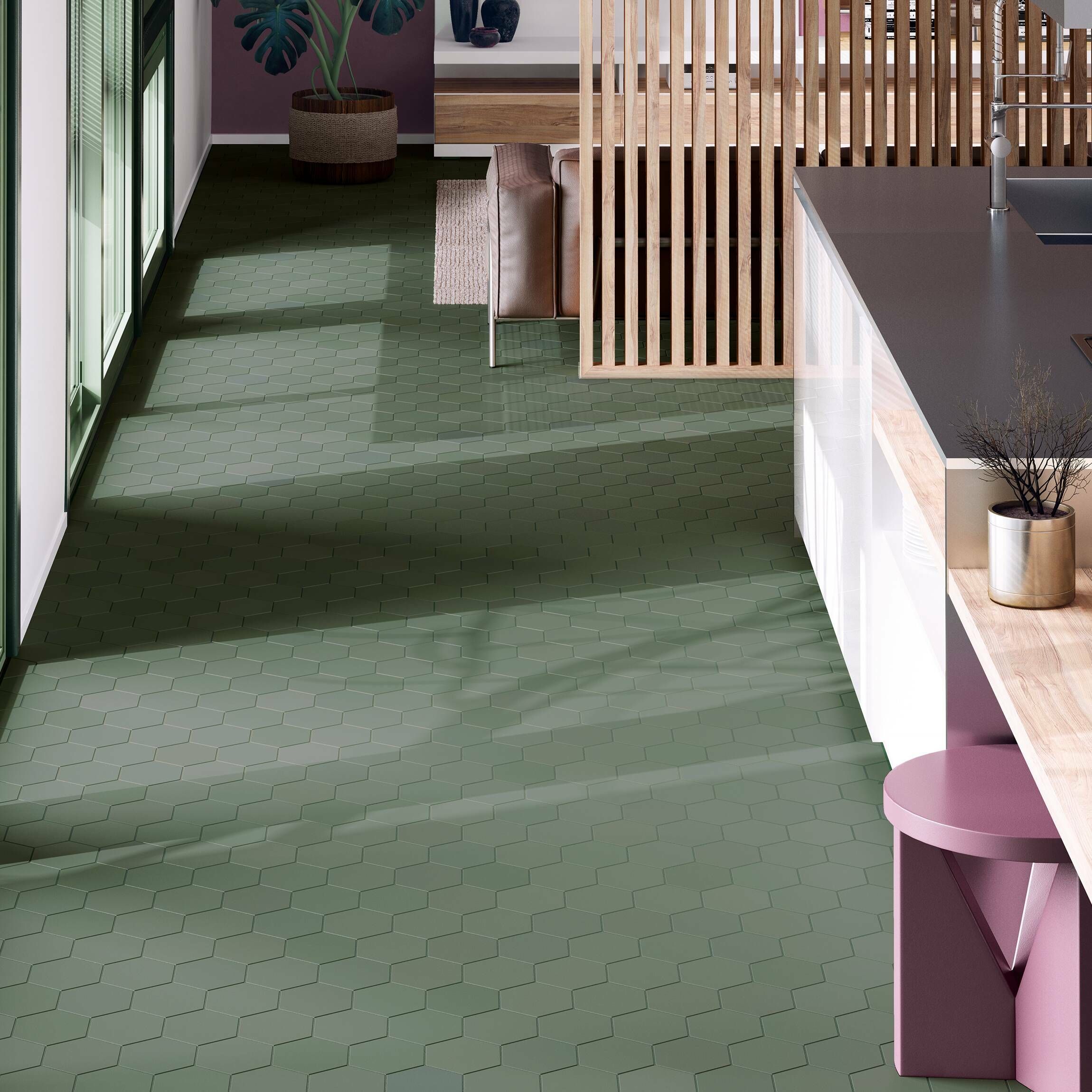 Kromatika Hexagon Green Porcelain Wall, Green Tile Floor