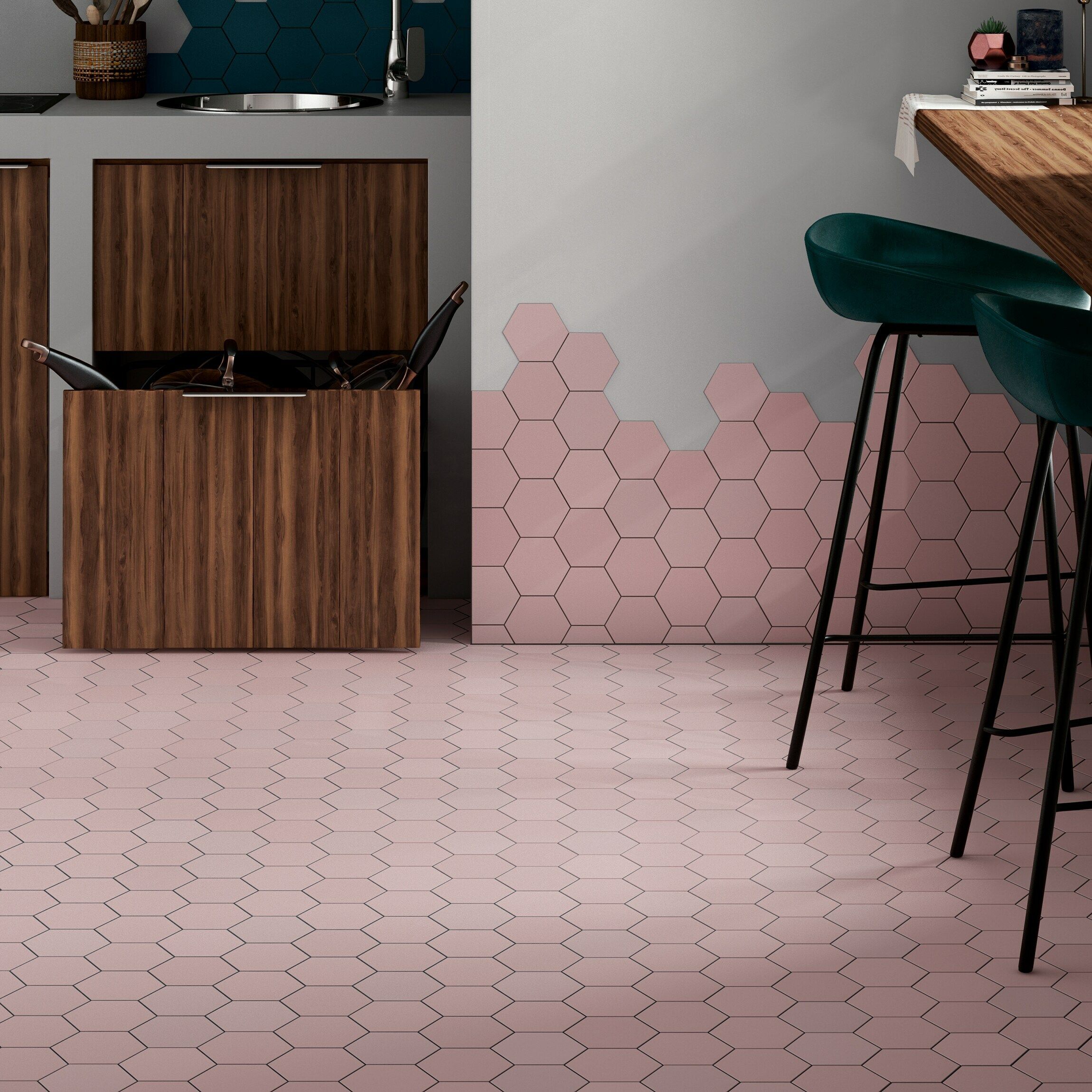 Kromatika Hexagon Rosa Pink Porcelain, Pink Ceramic Floor Tile