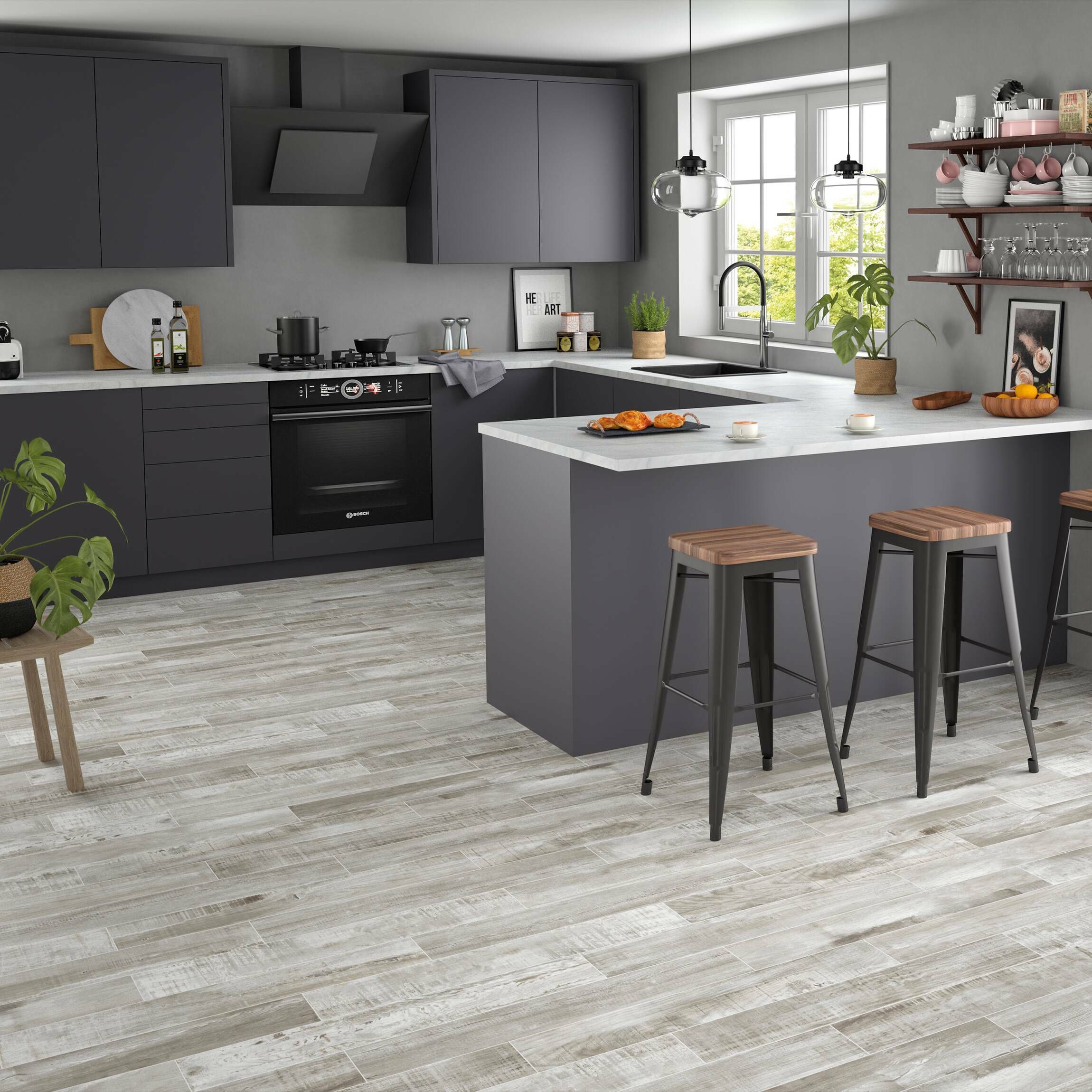 Mikeno Grey Wood Effect Wall And Floor, Gray Wood Tile Kitchen