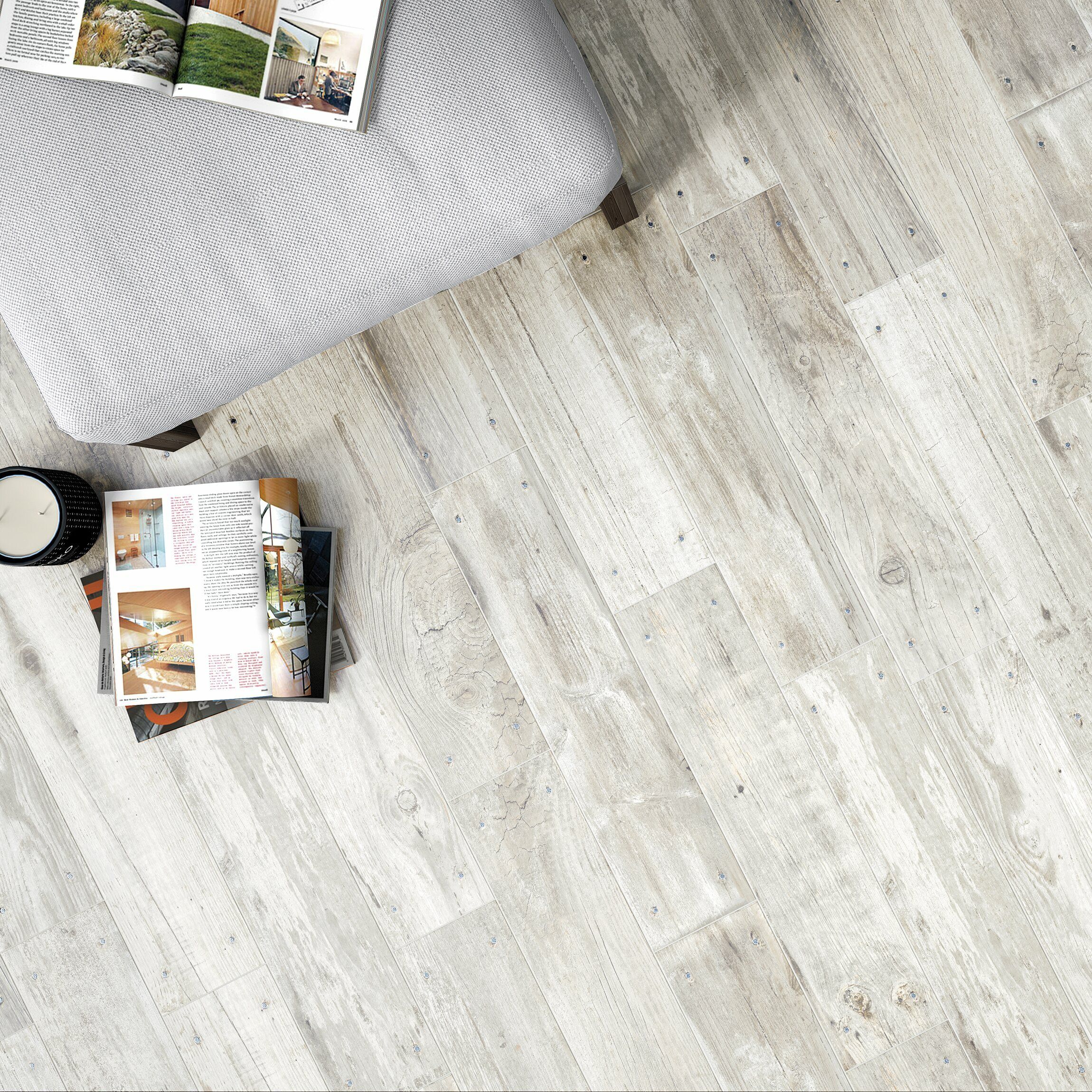 Reclaimed White Oak Nailed Wood Effect, White Wood Floor Tiles