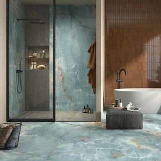 The Room Turquoise Onyx Marble Effect Polished Porcelain Wall and Floor Tile