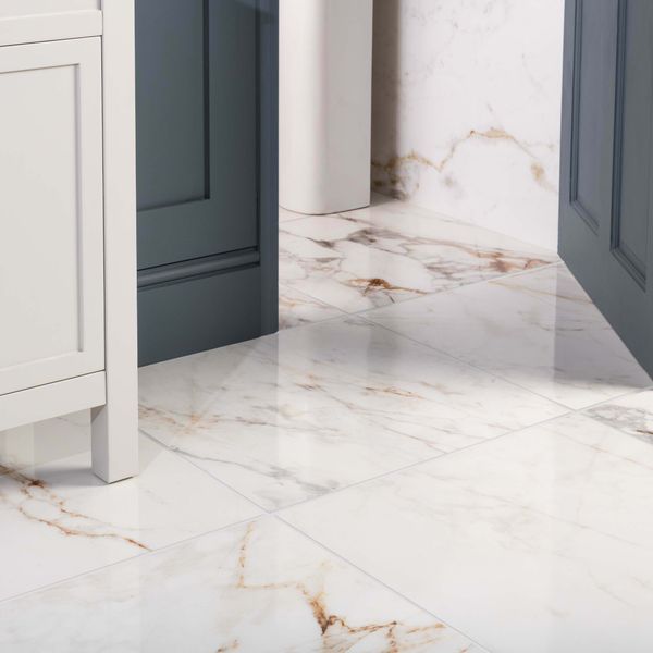 Barnaby White Marble Effect Gloss Rectified Vitrified Ceramic Floor Tile