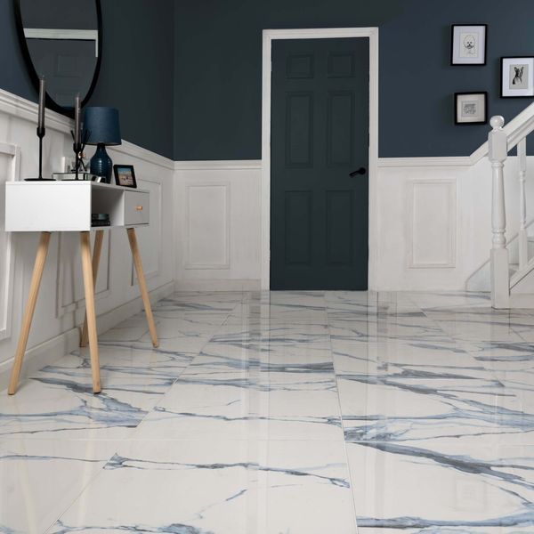 Calacatta Blue Marble Effect Polished Porcelain Floor Tile