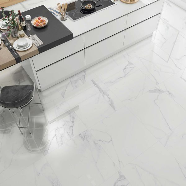 Carrara White Gloss Marble Effect Floor Tile