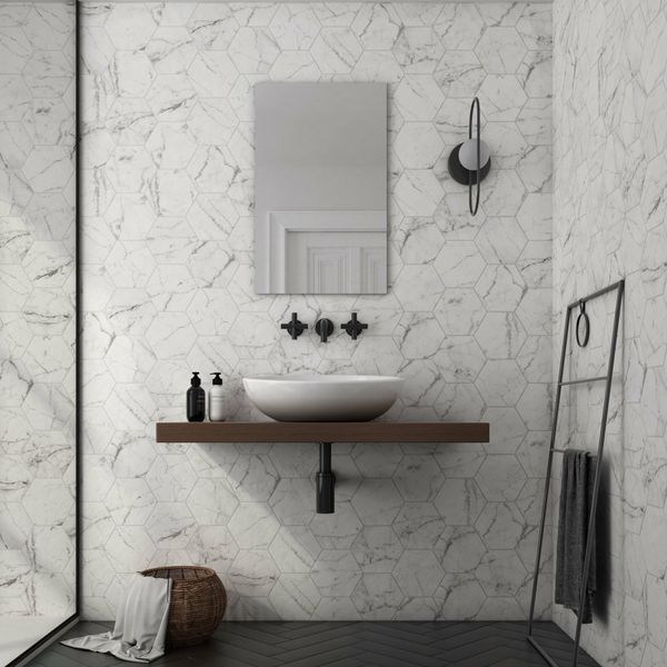Hexagon Carrara Marble Effect Wall and Floor Tiles