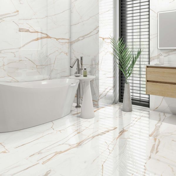Carrera Gold Marble Effect Rectified Polished Porcelain Wall and Floor Tile