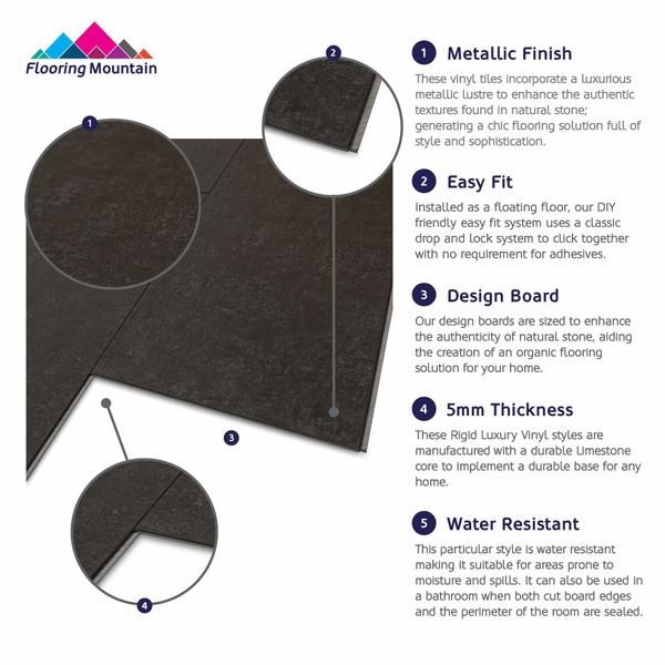 Concrete Effect Anthracite Tile Luxury Click Vinyl Flooring 5mm