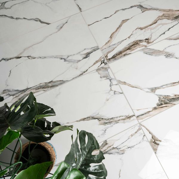 Fantasy Calacatta Taupe Polished Marble Effect Porcelain Wall and Floor Tile