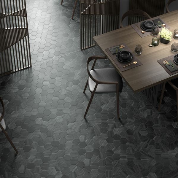 Lithos Dark Grey Hexagon Matt Marble Effect Porcelain Wall and Floor Tile