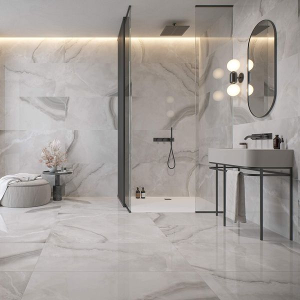 Merope Onyx Marble Effect Grey Polished Wall and Floor Tile