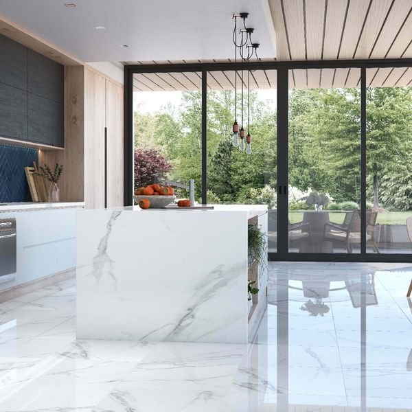 Place White Polished Marble Effect Floor Tile