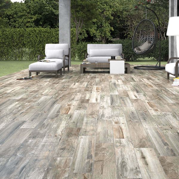 Reclaimed Misty Grey Oak Nailed Wood Effect Floor Tile