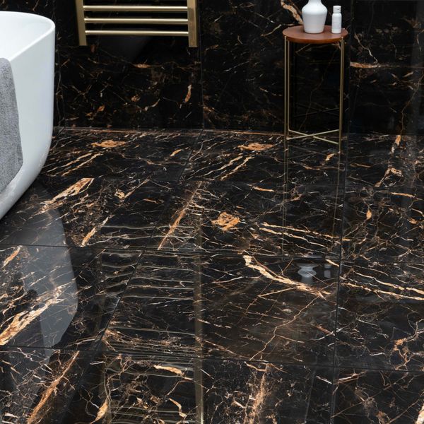 Sky Golden Black Marble Effect Polished Porcelain Floor Tile